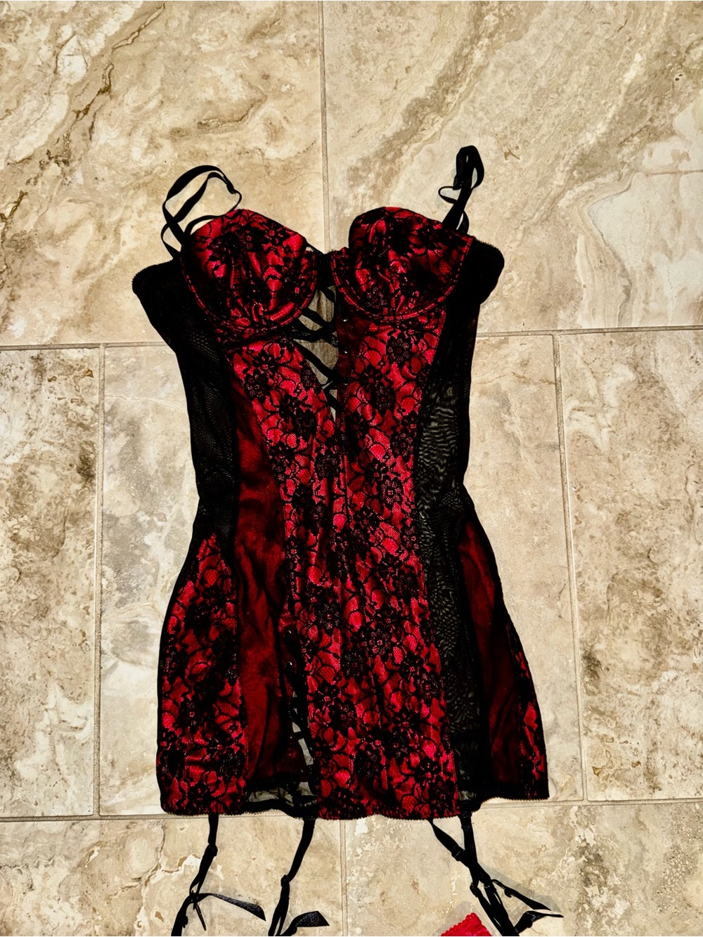 Frederick's of Hollywood Red and Black Lace Bustier Chemise with Garter Straps